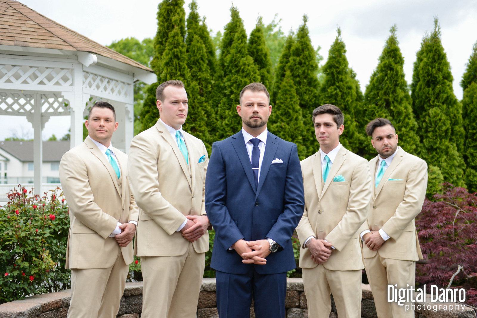 groomsmen blue pants white shirt